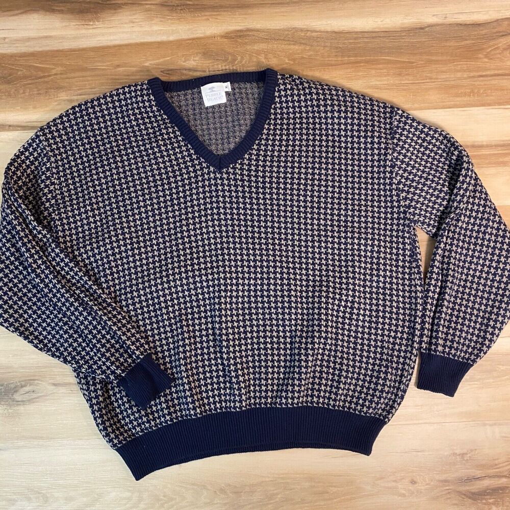Vintage Pebble Beach Sweater Mens XL USA Grandpacore V Neck‎ Navy Beige
